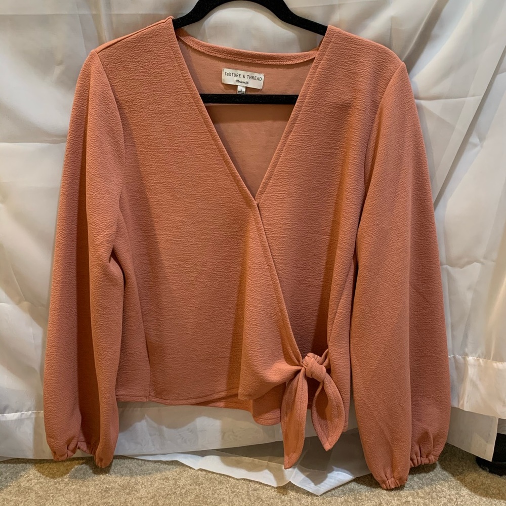 Puff sleeve textured tie front wrap top